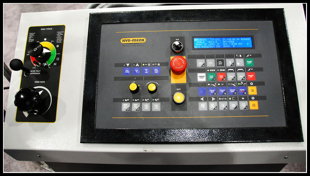 The control panel for the all new Ocean Terminator DCM 1825 dual column double mitering band saw